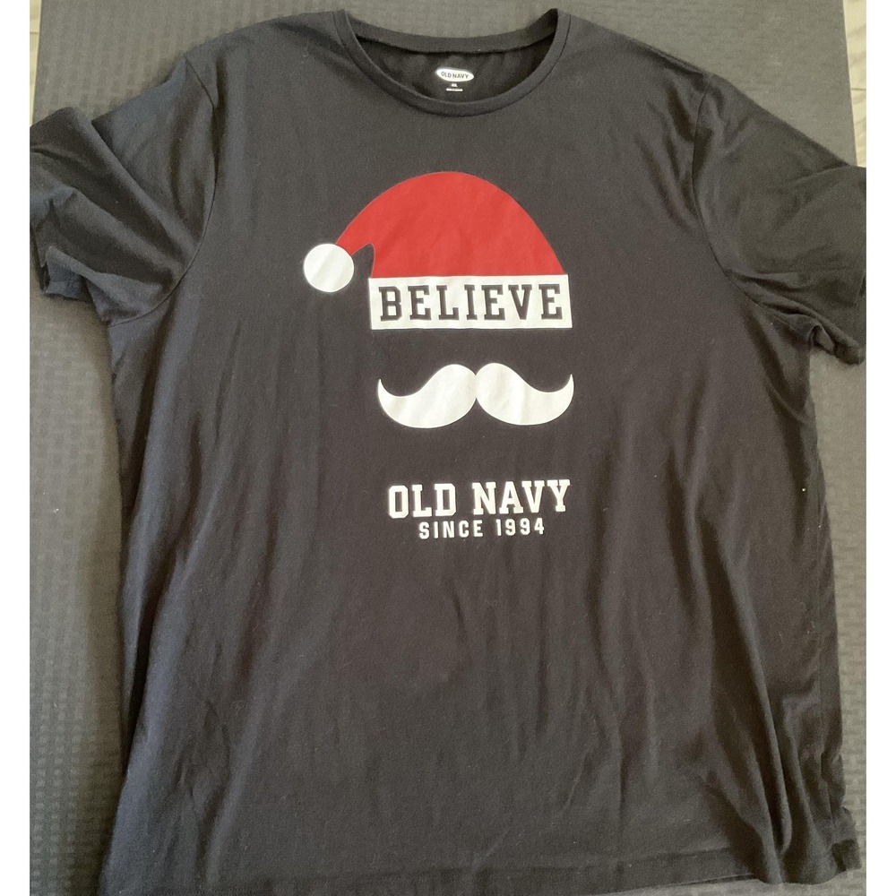 Old Navy Shirt 2XL Black Believe Christmas Santa Hat Mustache Graphic Tee